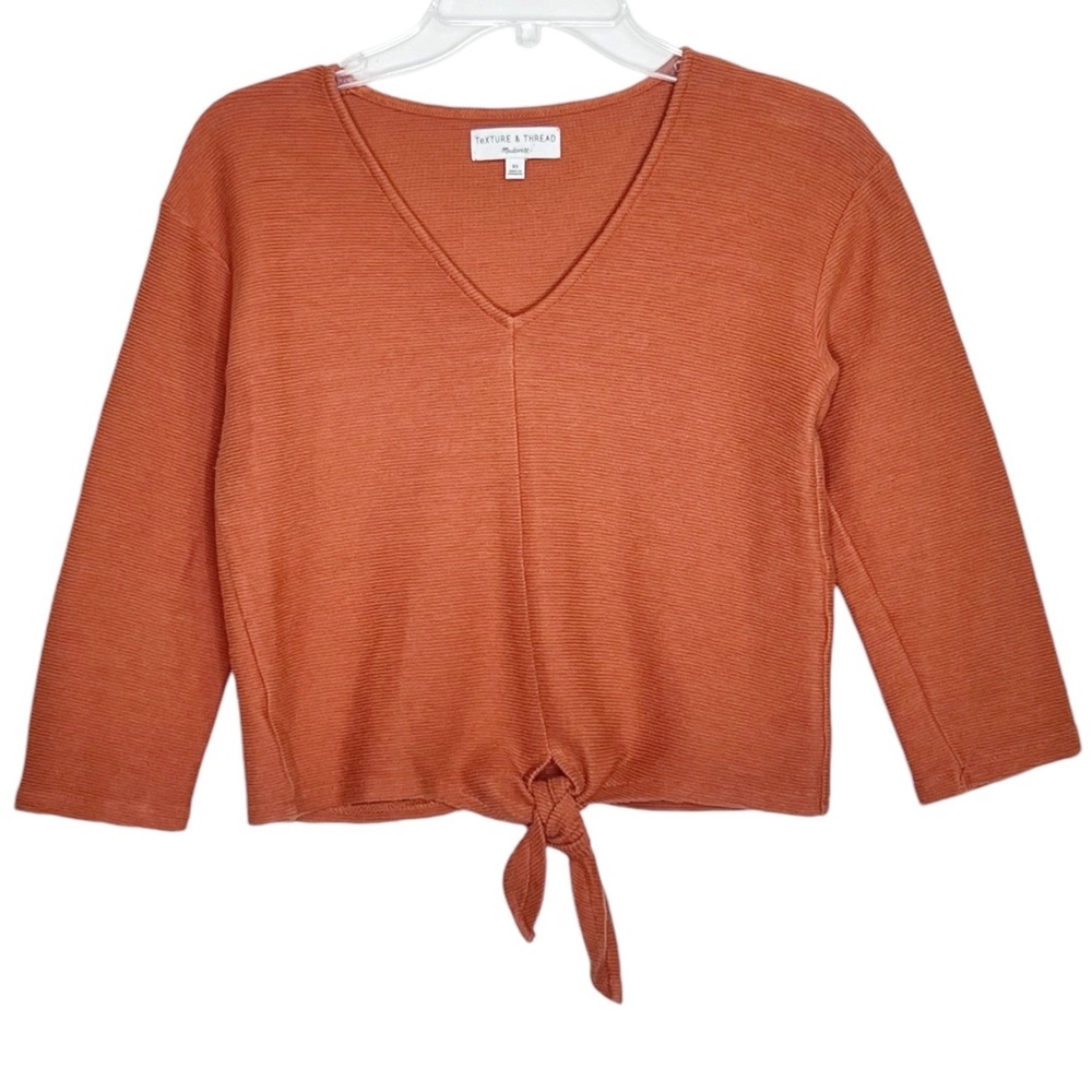 Madewell Texture & Thread Boho Boxy Tie Front Top XS Orange Cropped Ribbed Knit